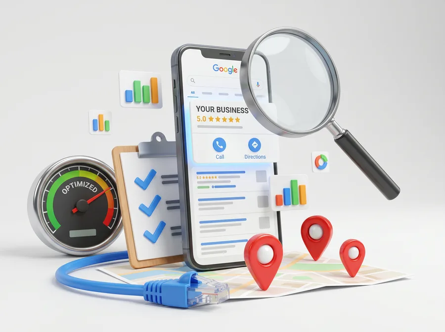 Audit illustration: magnifying glass inspecting a Google Business Profile, speed gauge and checklist