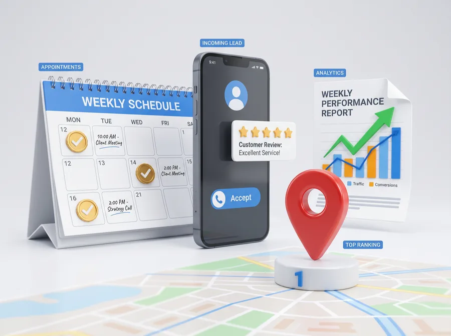 Results illustration: booked appointment calendar, incoming lead call, five-star review and weekly performance report